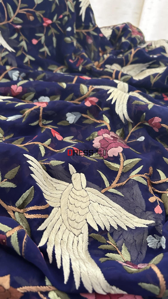 Beautiful Navy Multicolour Parsi Gara Dupatta