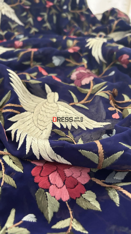 Beautiful Navy Multicolour Parsi Gara Dupatta