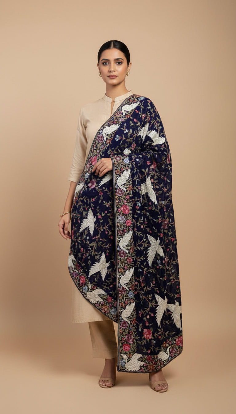Pre Order Beautiful Navy Multicolour Parsi Gara Dupatta