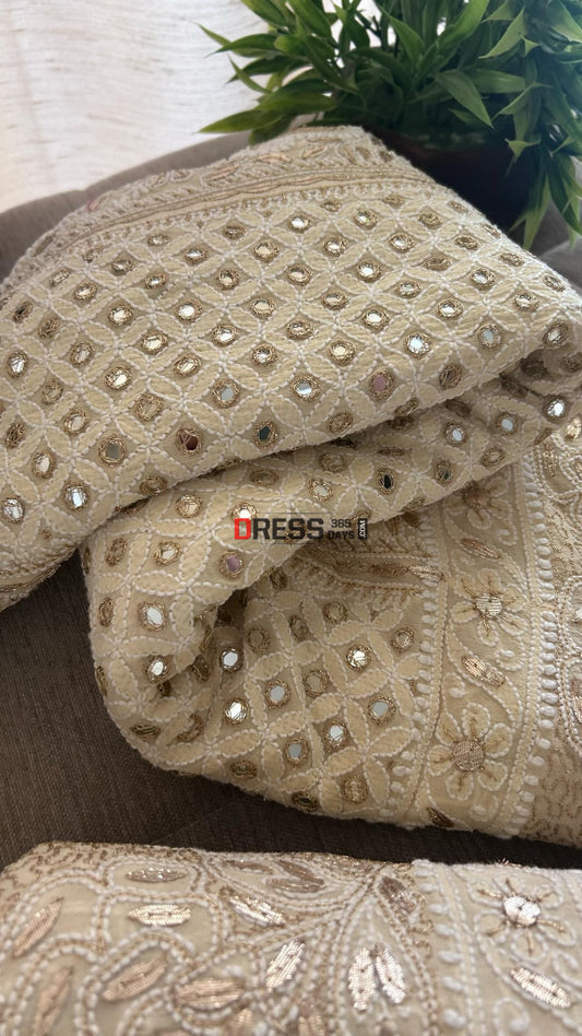 Beige Chikankari Mirror Gota Patti Lehenga Set