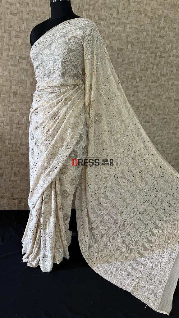 Beige Chikankari Mukaish Saree