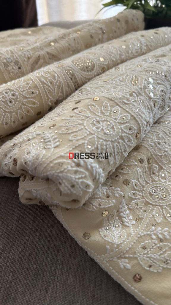 Beige Chikankari Mukaish Saree