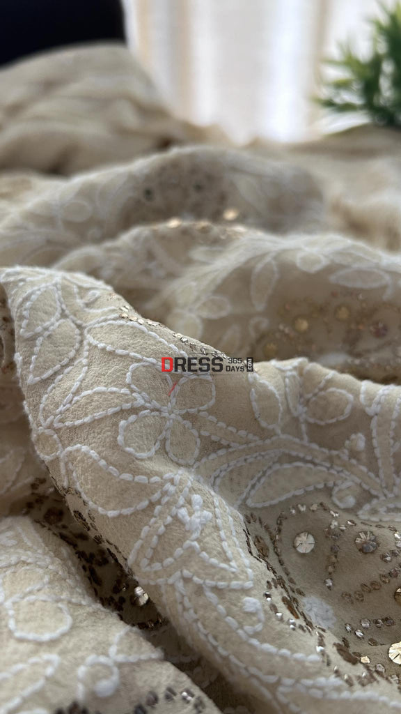 Beige Chikankari Mukaish Saree