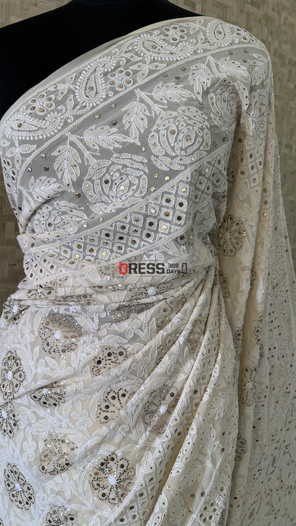 Beige Chikankari Mukaish Saree