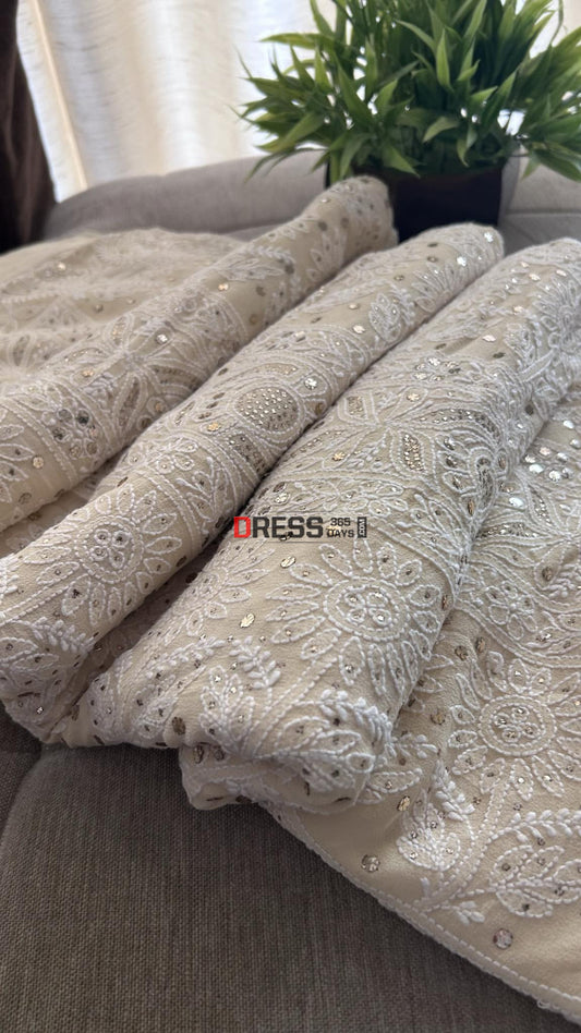 Beige Chikankari Mukaish Saree