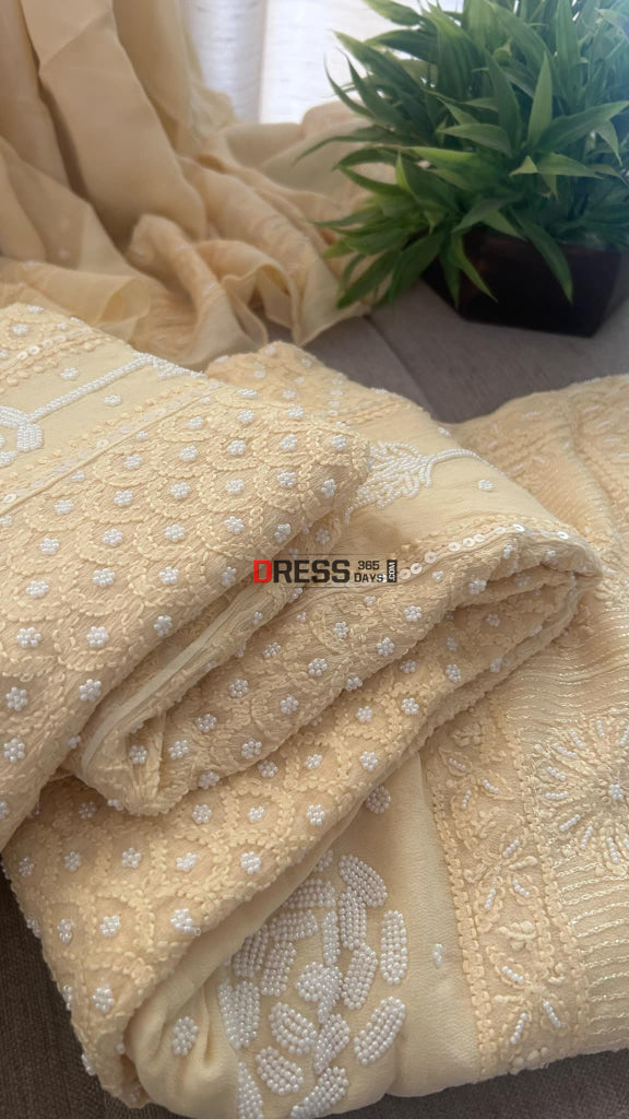 Beige Chikankari & Pearl Anarkali Suit Chikankari Anarkali