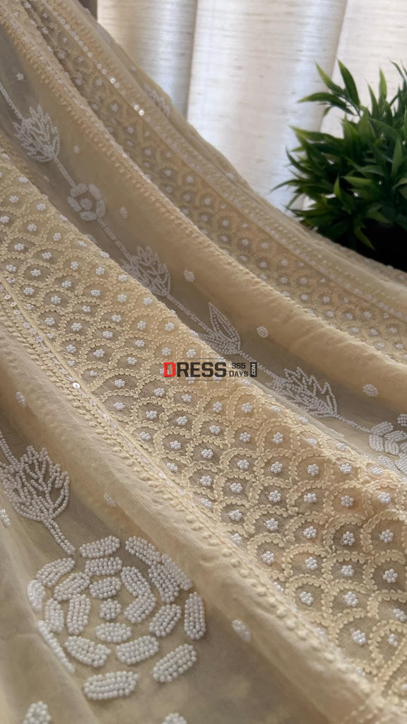 Beige Chikankari & Pearl Anarkali Suit Chikankari Anarkali