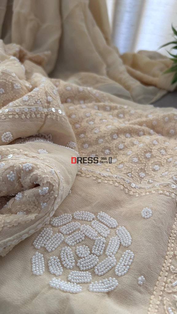 Beige Chikankari & Pearl Anarkali Suit Chikankari Anarkali