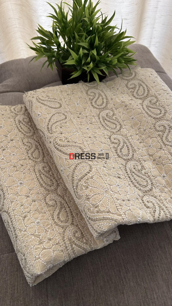 Beige Cotton Chikankari Kurti Fabric (Kurti Fabric)