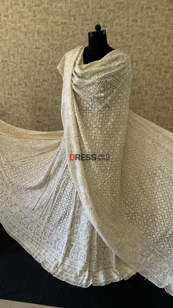 Beige Hand Jaali Mukaish Chikankari Lehenga Set Chikankari Lehenga