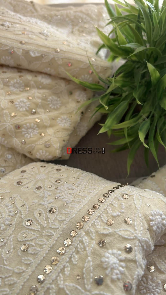 Beige Hand Jaali Mukaish Chikankari Lehenga Set Chikankari Lehenga