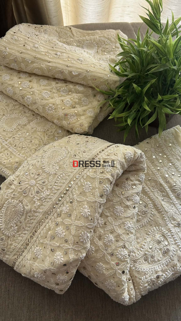 Beige Hand Jaali Mukaish Chikankari Lehenga Set Chikankari Lehenga