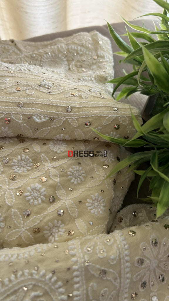 Beige Hand Jaali Mukaish Chikankari Lehenga Set Chikankari Lehenga