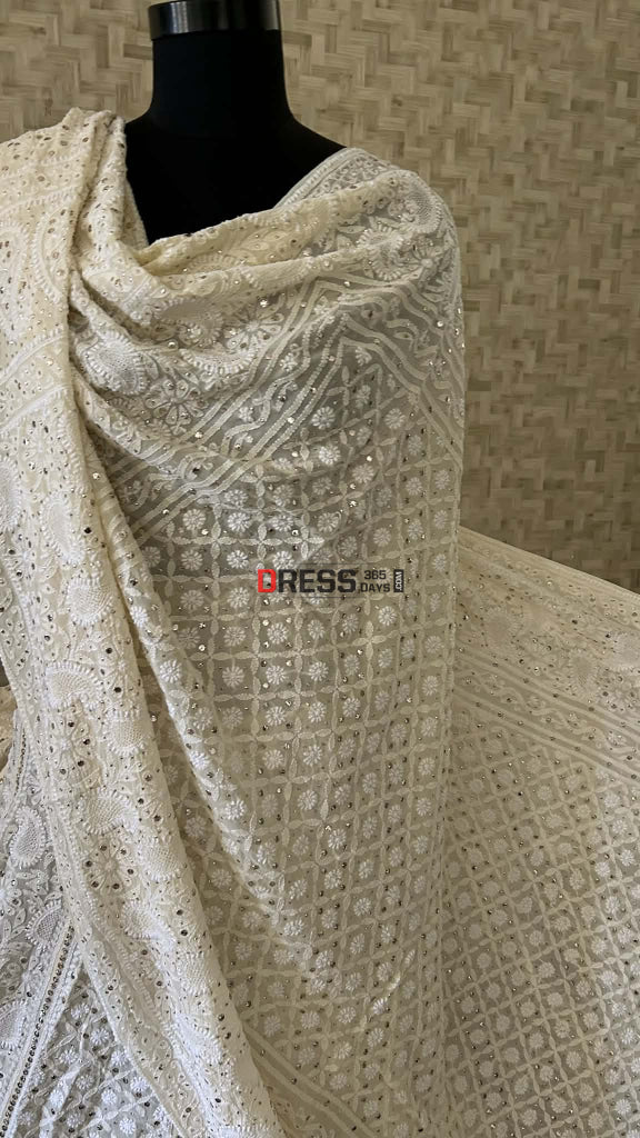 Beige Hand Jaali Mukaish Chikankari Lehenga Set Chikankari Lehenga