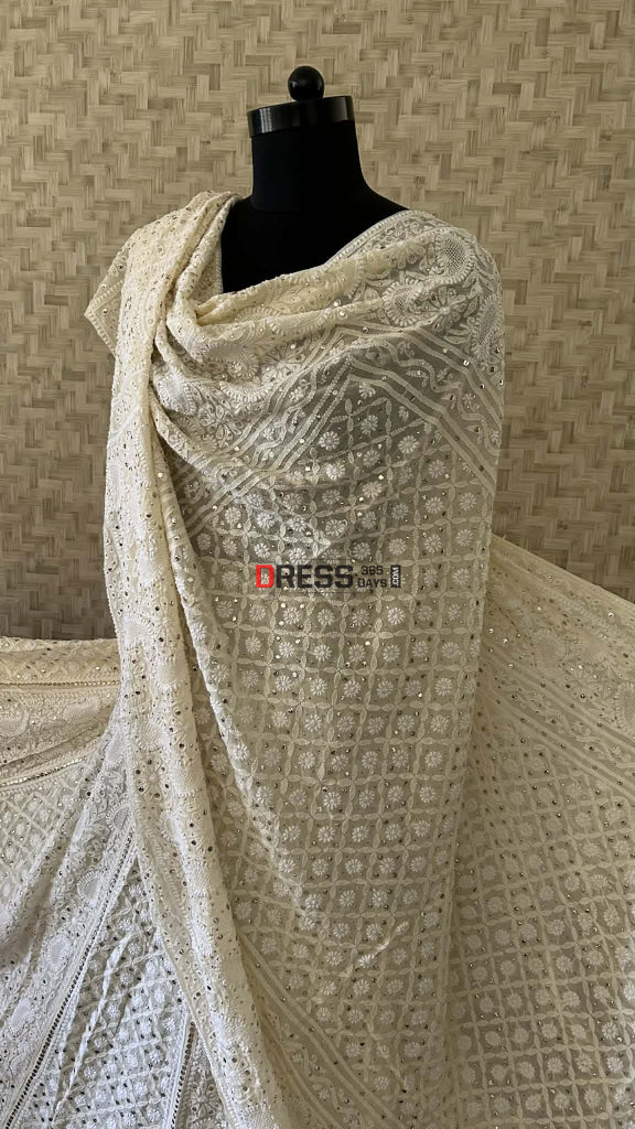 Beige Hand Jaali Mukaish Chikankari Lehenga Set Chikankari Lehenga