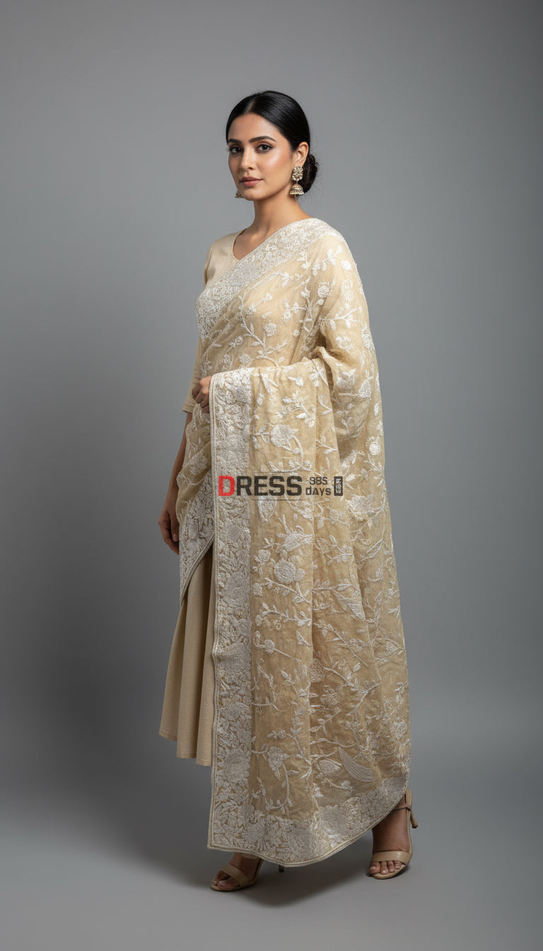 Pre Order Beige Ivory Parsi Gara Dupatta