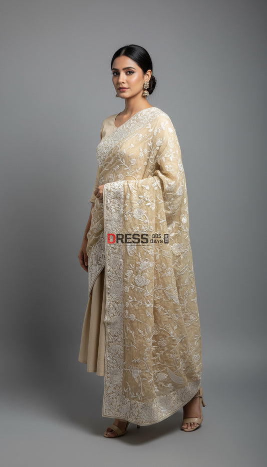 Pre Order Beige Ivory Parsi Gara Dupatta