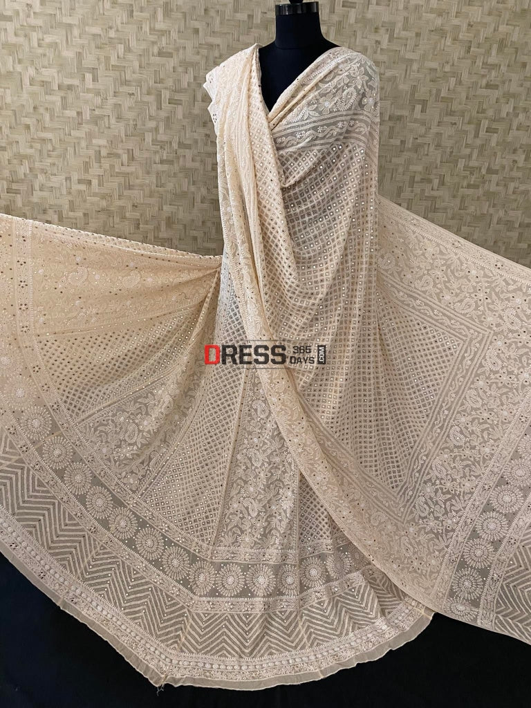Beige Kamdani Lucknowi Chikankari Lehenga Set