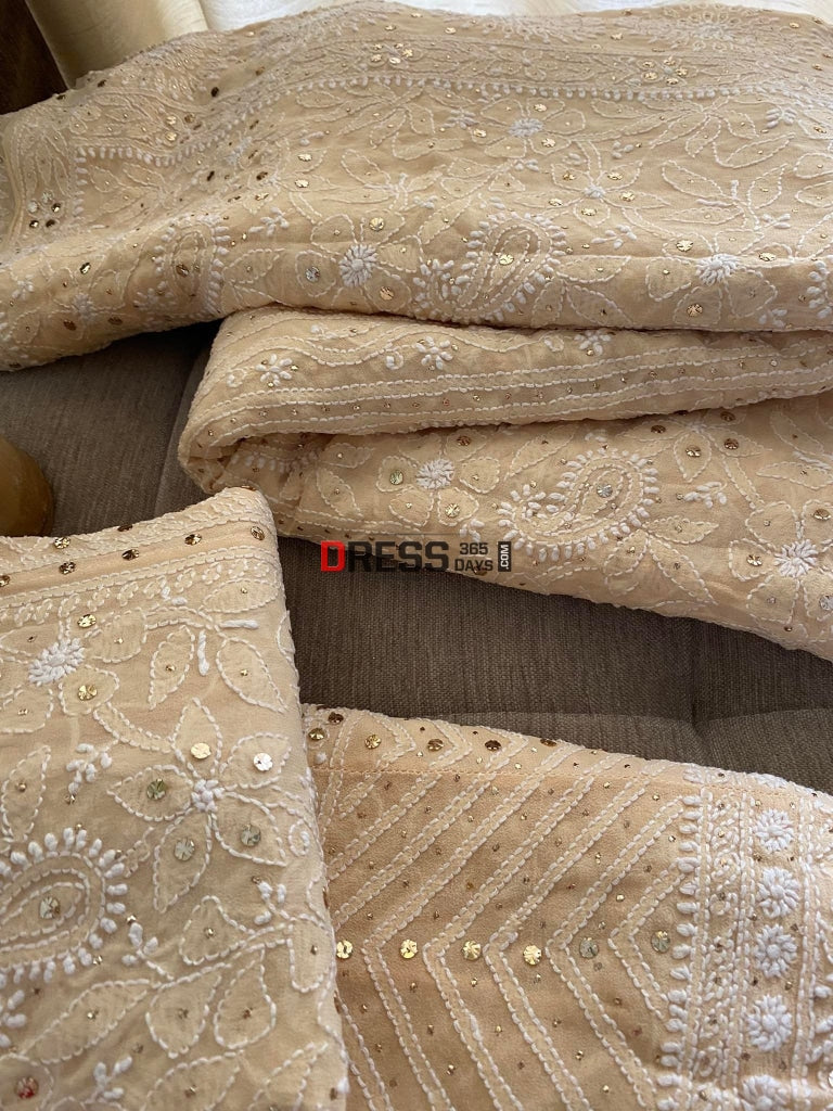 Beige Kamdani Lucknowi Chikankari Lehenga Set
