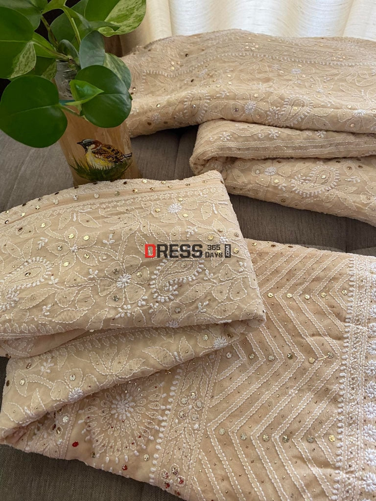 Beige Kamdani Lucknowi Chikankari Lehenga Set