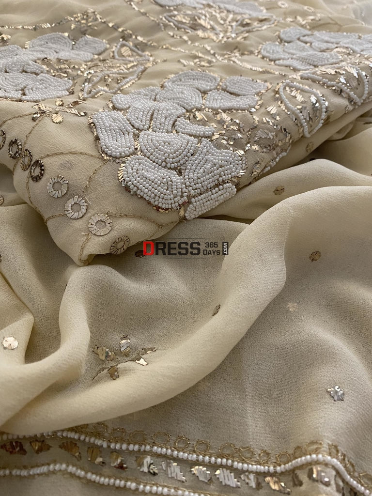 Beige Kamdani & Pearl Work Lucknowi Suit Chikankari Suits