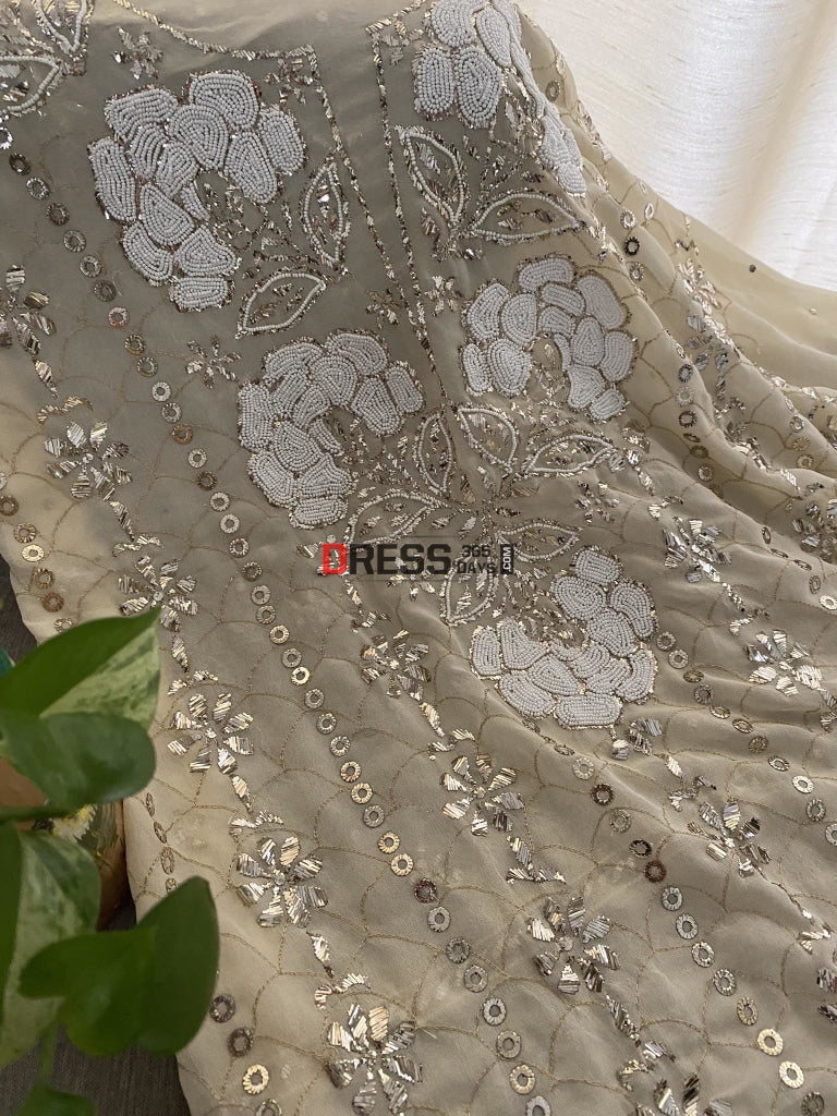 Beige Kamdani & Pearl Work Lucknowi Suit Chikankari Suits