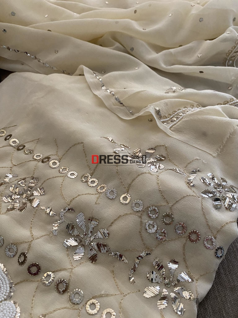 Beige Kamdani & Pearl Work Lucknowi Suit Chikankari Suits