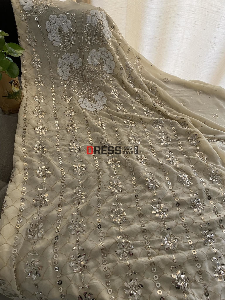 Beige Kamdani & Pearl Work Lucknowi Suit Chikankari Suits