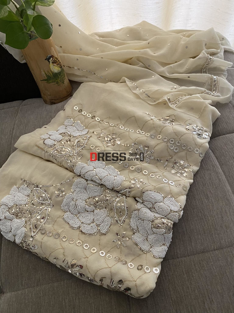 Beige Kamdani & Pearl Work Lucknowi Suit Chikankari Suits