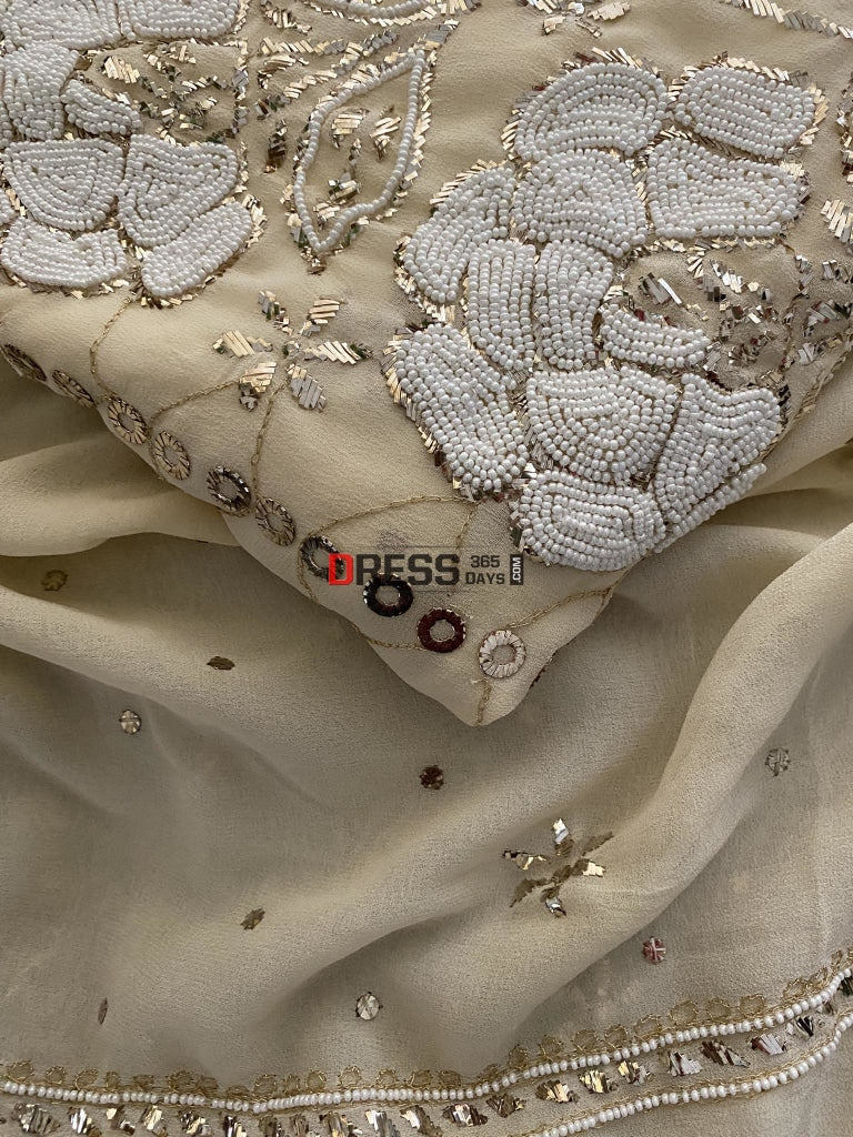 Beige Kamdani & Pearl Work Lucknowi Suit Chikankari Suits