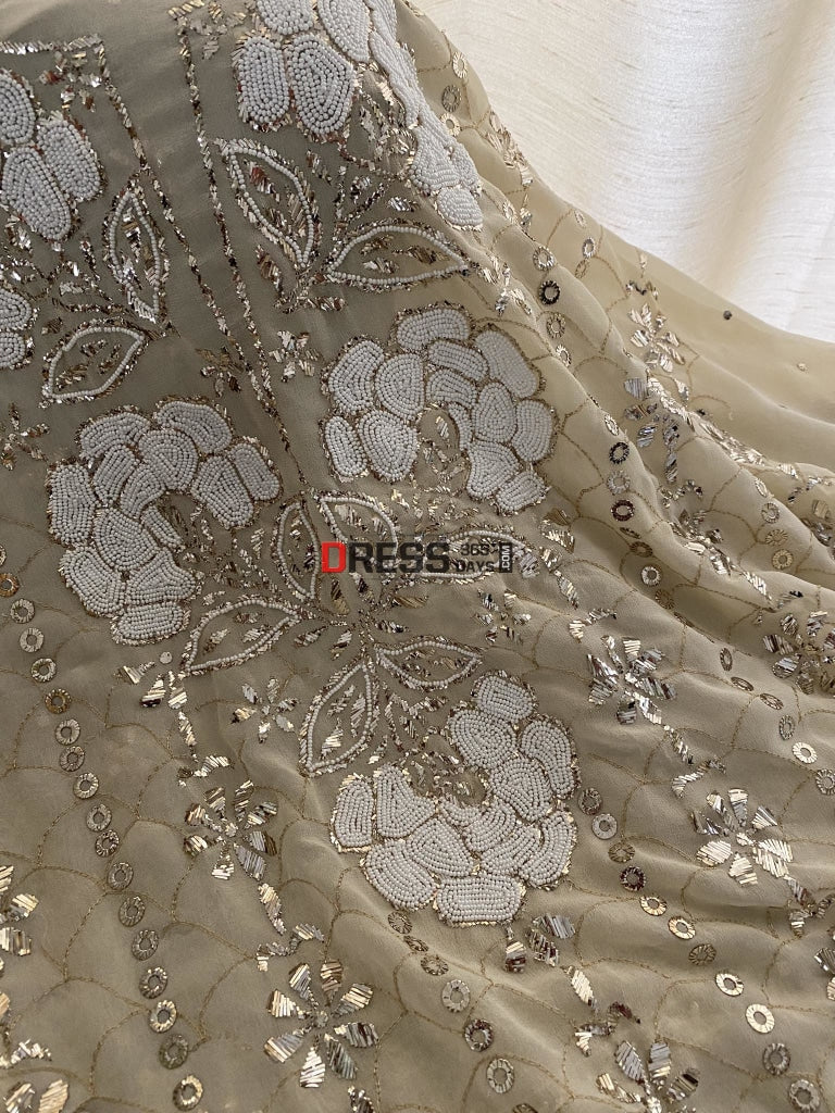 Beige Kamdani & Pearl Work Lucknowi Suit Chikankari Suits