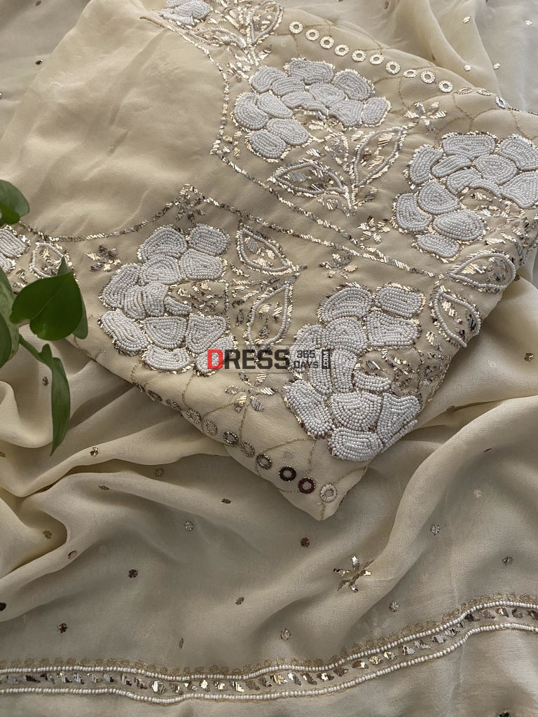 Beige Kamdani & Pearl Work Lucknowi Suit Chikankari Suits