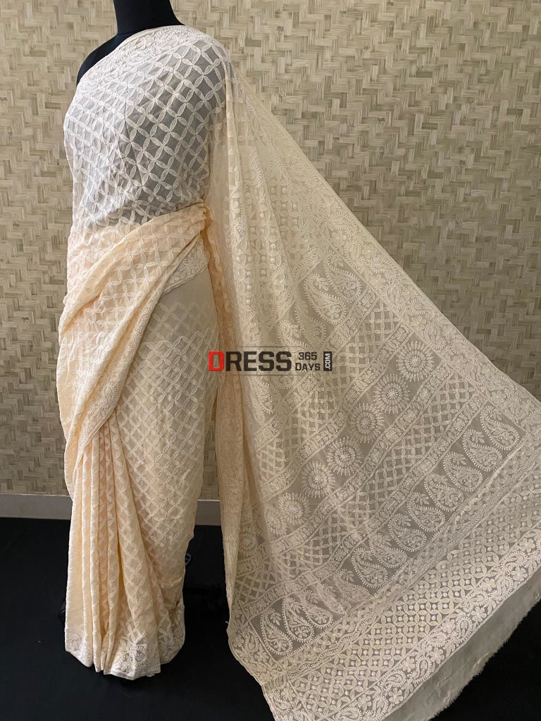 Beige Lucknowi Chikankari Saree