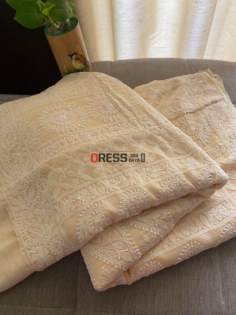 Beige Lucknowi Chikankari Saree