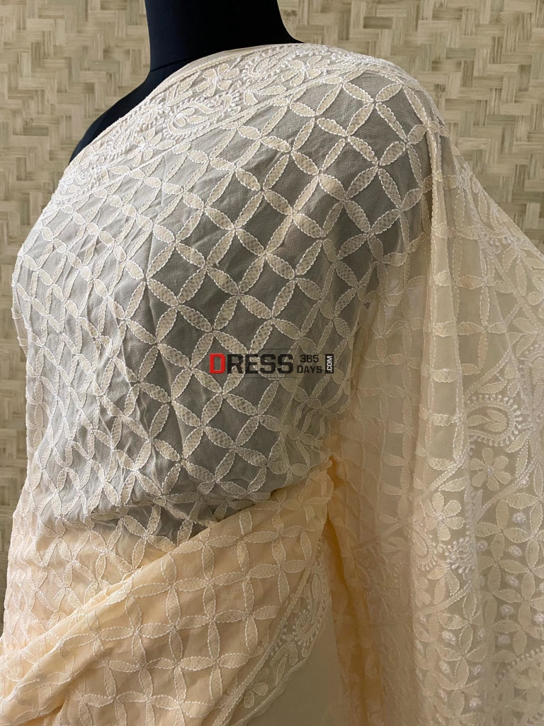 Beige Lucknowi Chikankari Saree