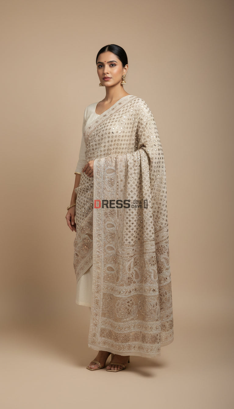 Beige Mirror & Gota Patti Chikankari Dupatta