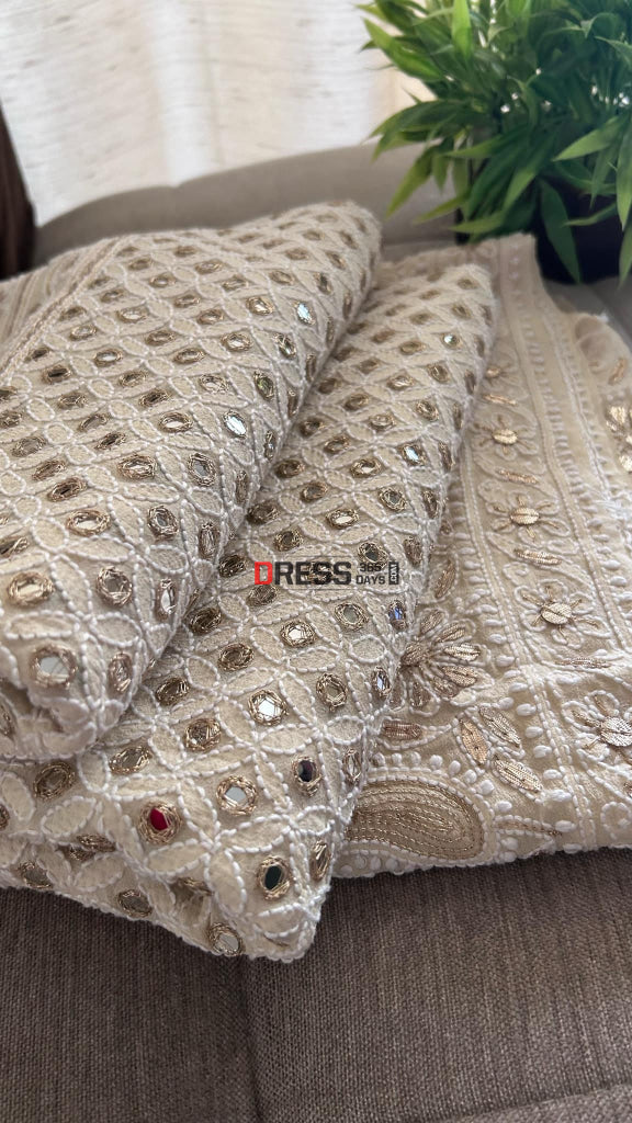 Beige Mirror & Gota Patti Chikankari Dupatta