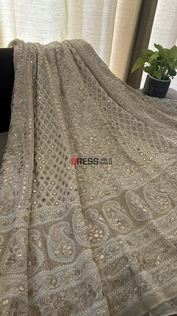 Beige Mirror & Gota Patti Lucknow Chikankari Lehenga Skirt (Only Skirt) Chikankari Lehenga
