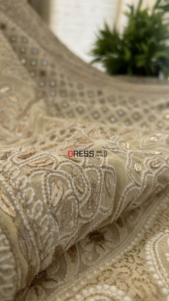 Beige Mirror & Gota Patti Lucknow Chikankari Lehenga Skirt (Only Skirt) Chikankari Lehenga