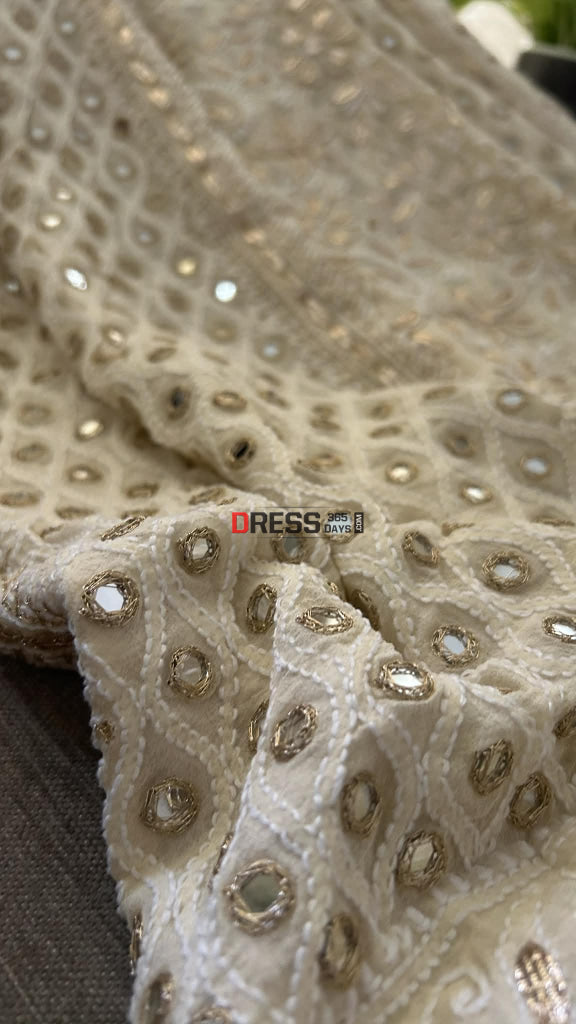 Beige Mirror & Gota Patti Lucknow Chikankari Lehenga Skirt (Only Skirt) Chikankari Lehenga