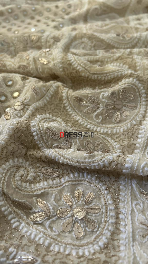 Beige Mirror & Gota Patti Lucknow Chikankari Lehenga Skirt (Only Skirt) Chikankari Lehenga