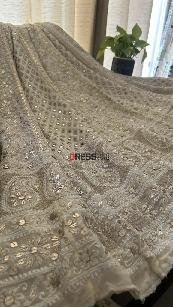 Beige Mirror & Gota Patti Lucknow Chikankari Lehenga Skirt (Only Skirt) Chikankari Lehenga