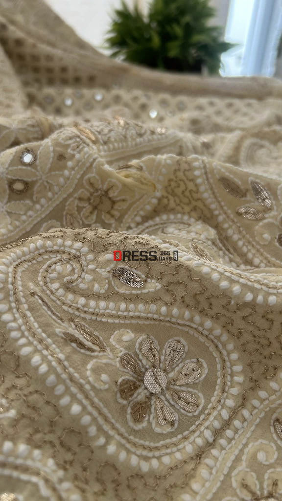 Beige Mirror & Gota Patti Lucknow Chikankari Lehenga Skirt (Only Skirt) Chikankari Lehenga