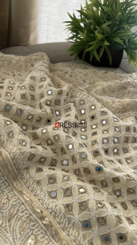 Beige Mirror & Gota Patti Lucknow Chikankari Lehenga Skirt (Only Skirt) Chikankari Lehenga
