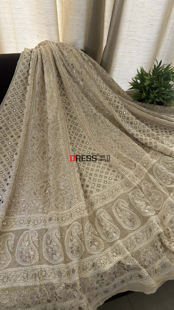 Beige Mirror & Gota Patti Lucknow Chikankari Lehenga Skirt (Only Skirt) Chikankari Lehenga