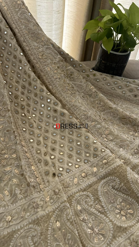 Beige Mirror & Gota Patti Lucknow Chikankari Lehenga Skirt (Only Skirt) Chikankari Lehenga