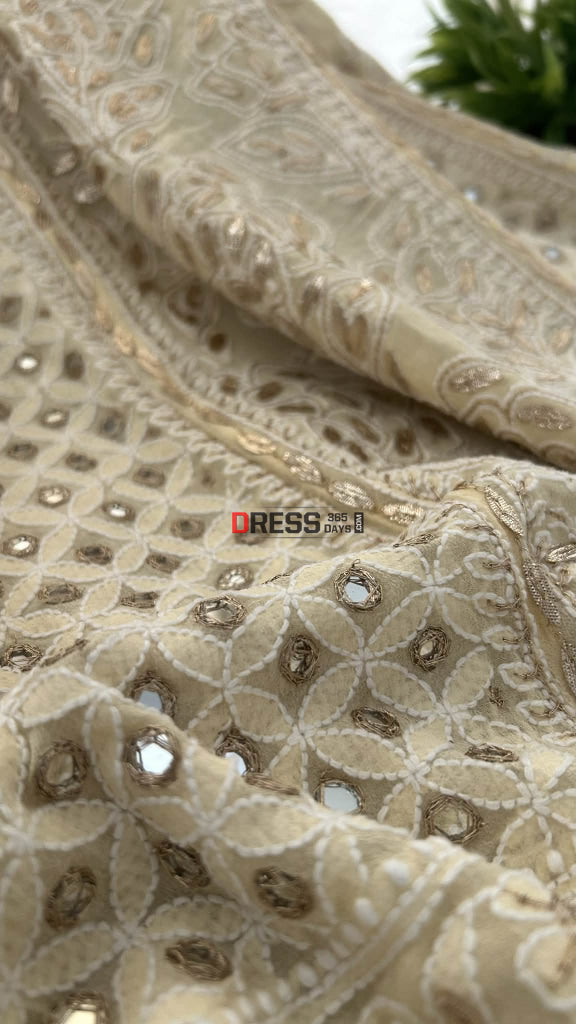 Beige Mirror & Gota Patti Lucknow Chikankari Lehenga Skirt (Only Skirt) Chikankari Lehenga