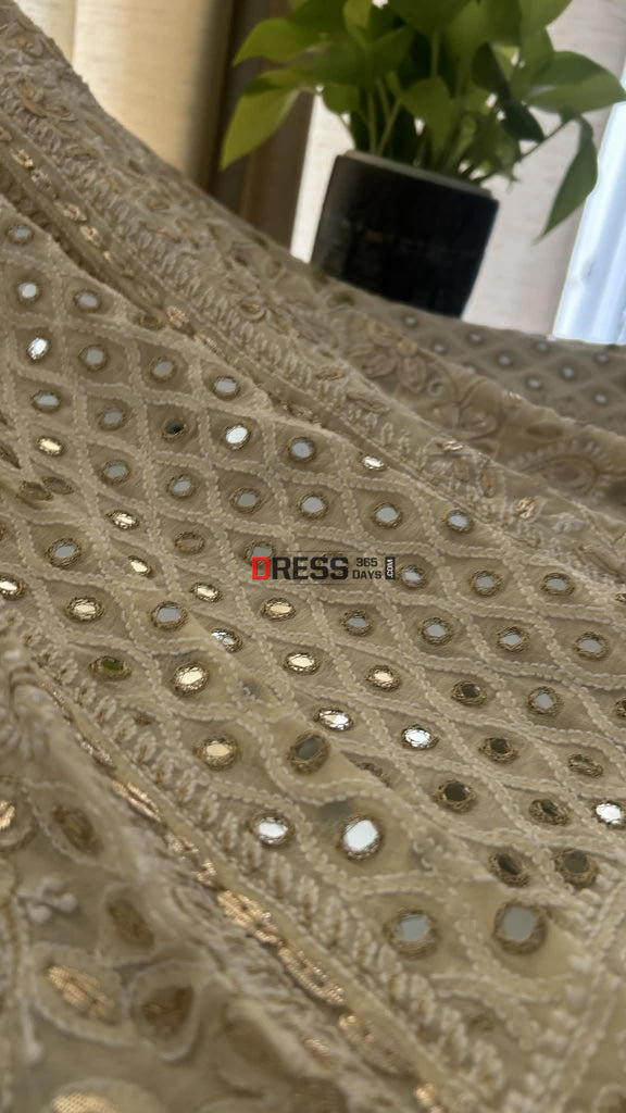 Beige Mirror & Gota Patti Lucknow Chikankari Lehenga Skirt (Only Skirt) Chikankari Lehenga