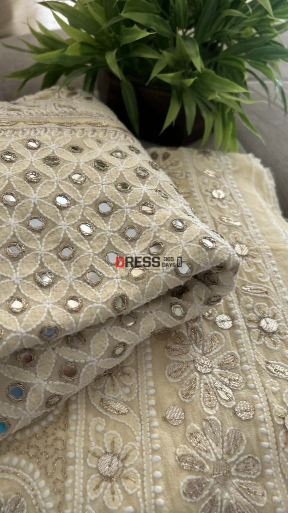 Beige Mirror & Gota Patti Lucknow Chikankari Lehenga Skirt (Only Skirt) Chikankari Lehenga