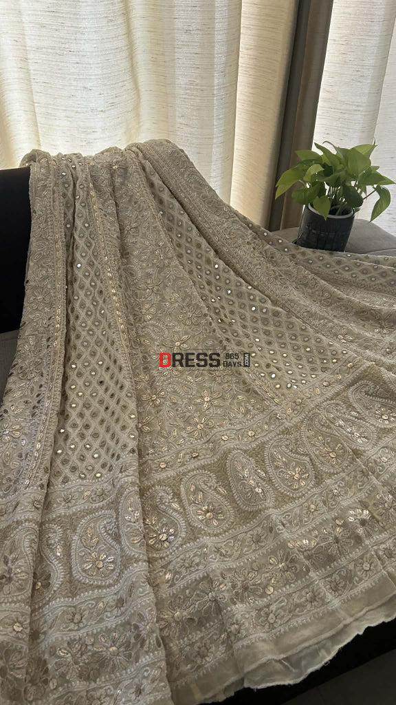 Beige Mirror & Gota Patti Lucknow Chikankari Lehenga Skirt (Only Skirt) Chikankari Lehenga
